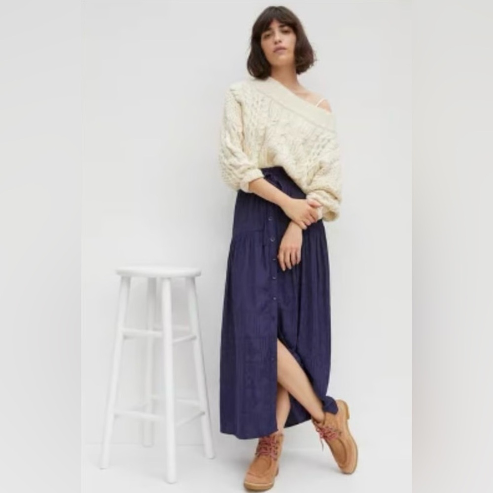 Maeve by Anthropologie Carnacion Dark Blue Textured Maxi Skirt